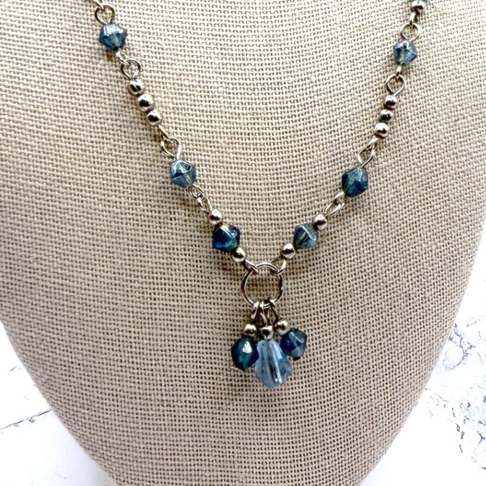 Blue Glass Bead Necklace Silver Tone Chain Dangle Drop Pendant